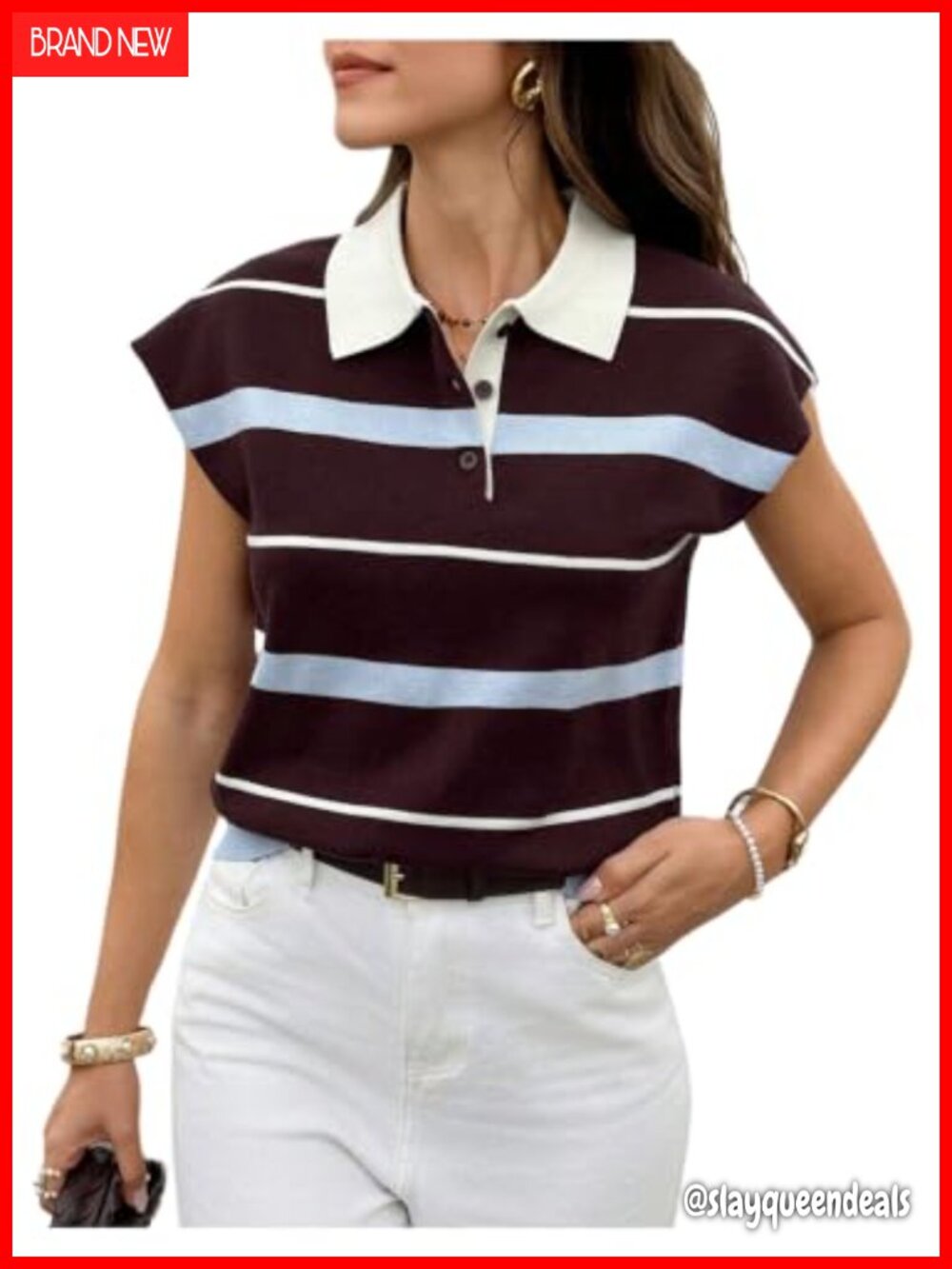 Striped Sweater Vest Cap Sleeve Collared Rugby Knit Top